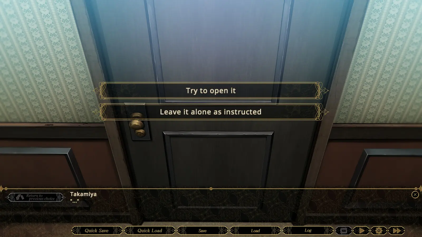 Visual novel keuzemenu uit SLEEPLESS -A Midsummer Night’s Dream- met de opties 'Try to open it' en 'Leave it alone as instructed'