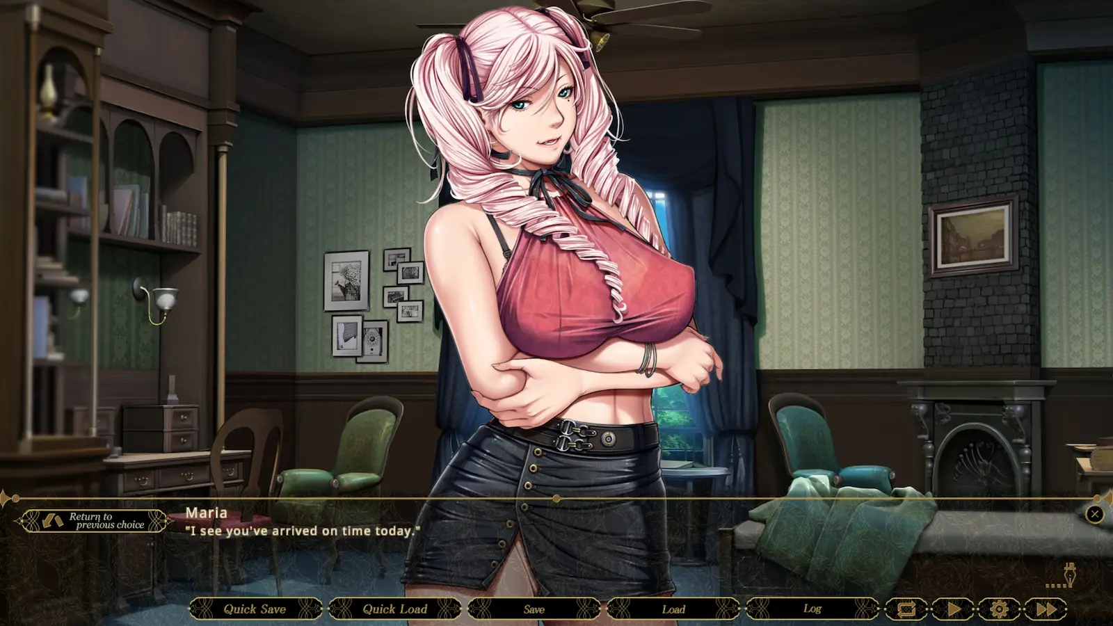 Visual novel interface uit SLEEPLESS -A Midsummer Night’s Dream- met Maria en dialoogvenster – voorbeeld van typische VN presentatie