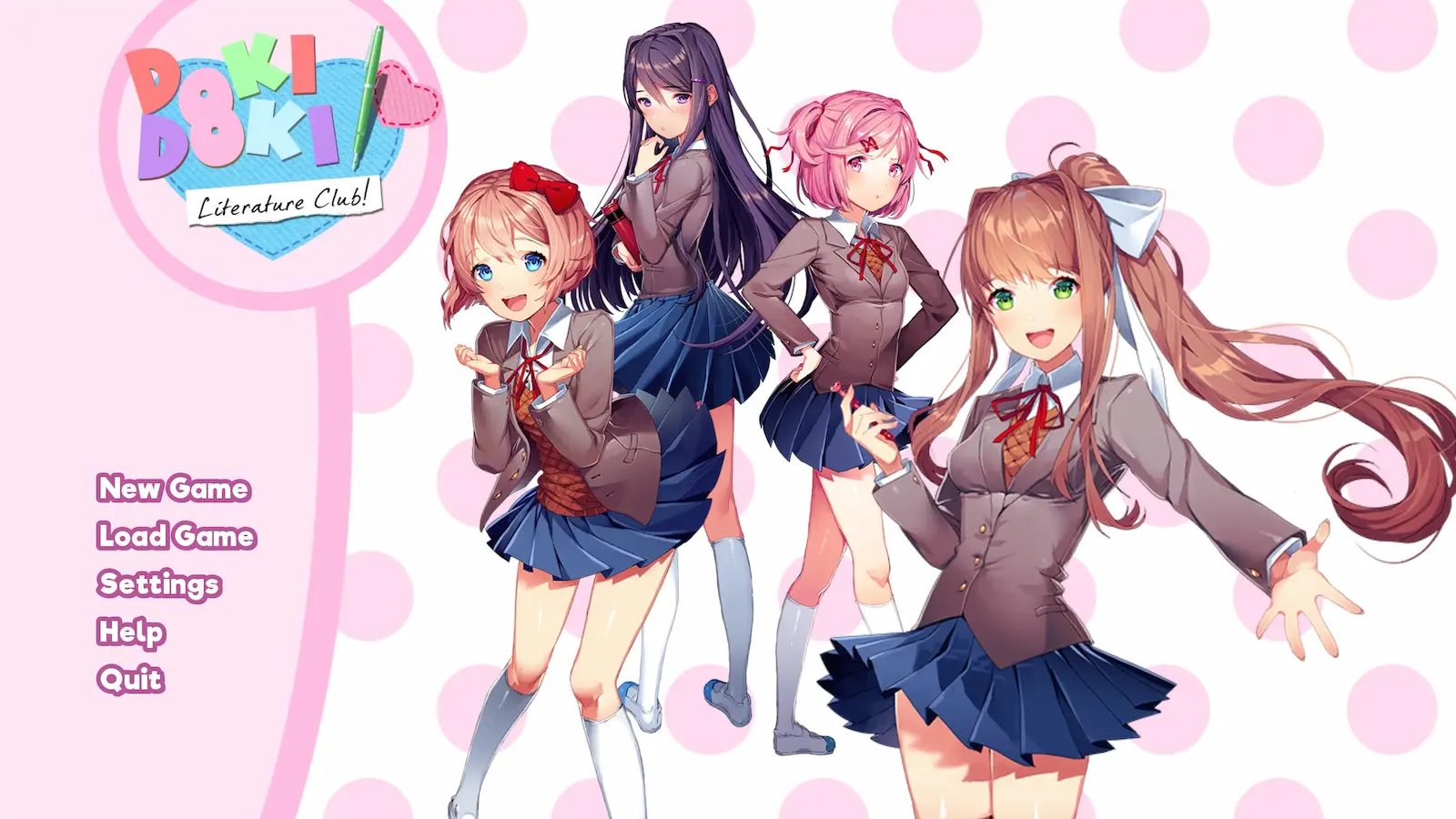 Hoofdmenu van Doki Doki Literature Club met Sayori, Yuri, Natsuki en Monika