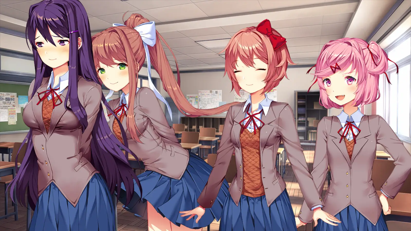 Sayori, Yuri, Natsuki en Monika in het clublokaal van Doki Doki Literature Club