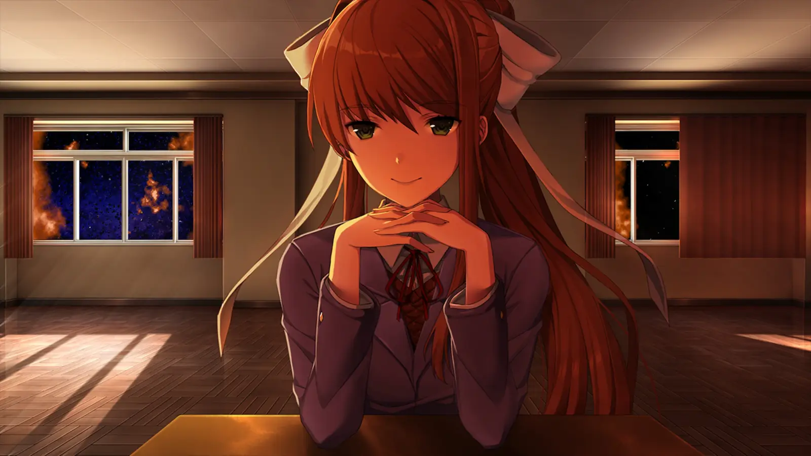 Monika in het klaslokaal tijdens de meta scene van Doki Doki Literature Club