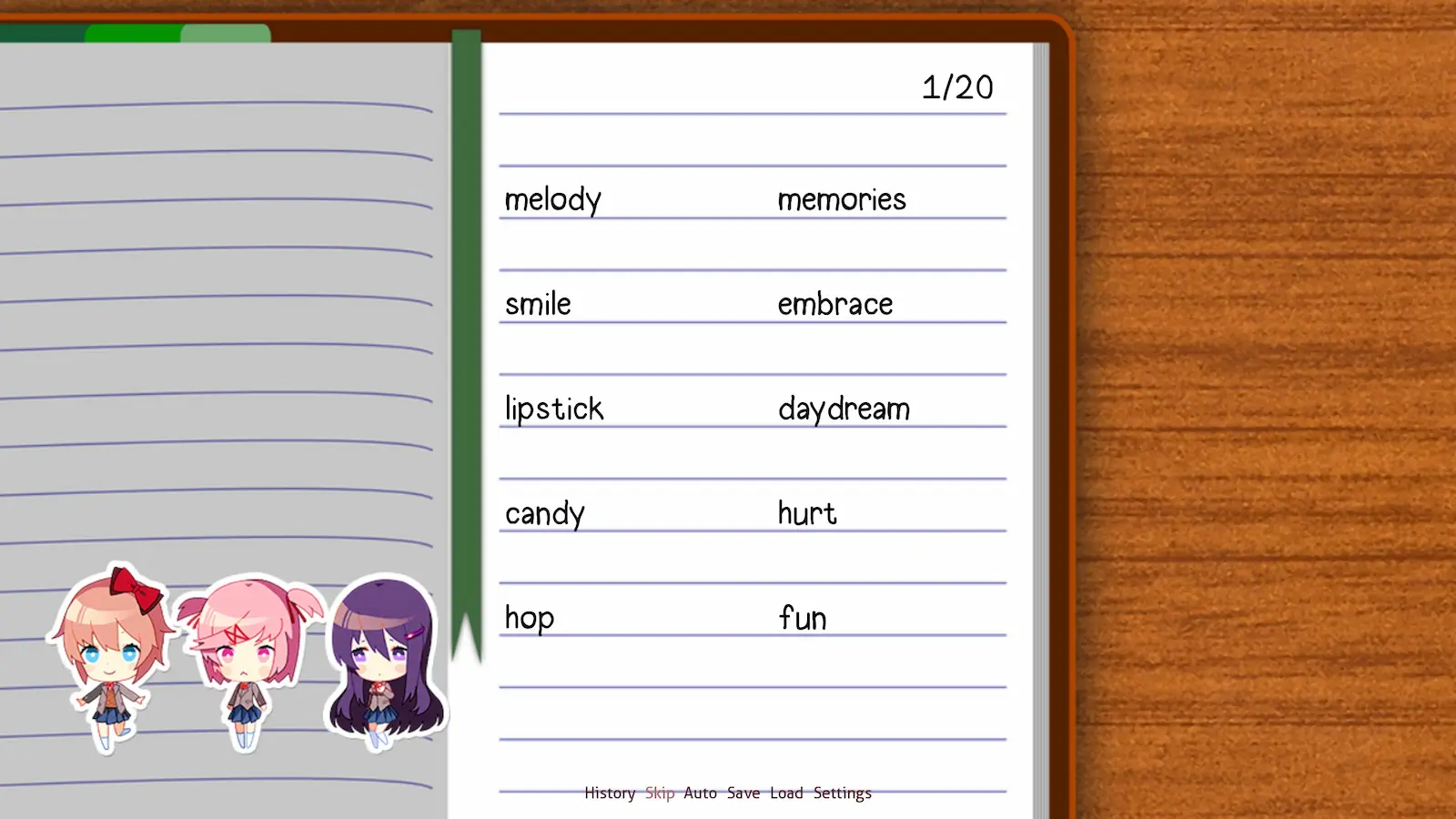Poetry minigame in Doki Doki Literature Club met woordkeuzes en chibi personages